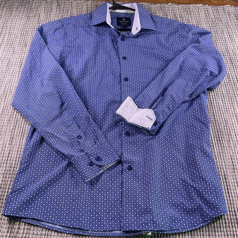 Tom Baine Performance Slim Fit Shirt Blue Geometric Print Wrinkle Free Mens L